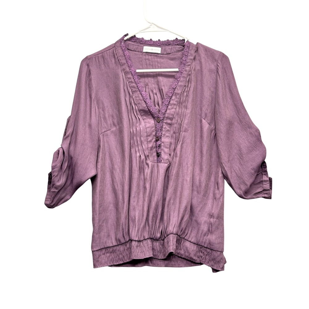 Cache Cache Purple Pintuck Floral Lace Trim Blouse Top Y2K Romantic Size M
